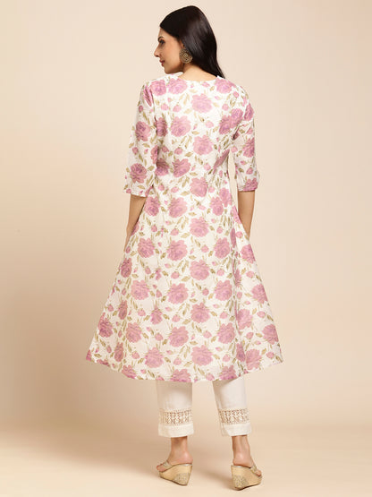 RATAN Chanderi Silk Gold Printed Flared Ethnic Wear Kurti for Women