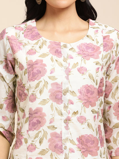 RATAN Chanderi Silk Gold Printed Flared Ethnic Wear Kurti for Women