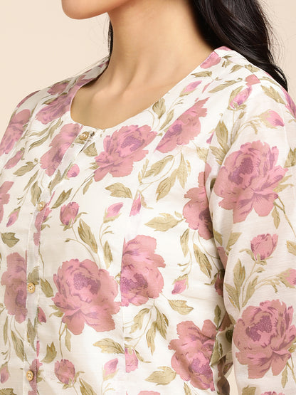 RATAN Chanderi Silk Gold Printed Flared Ethnic Wear Kurti for Women