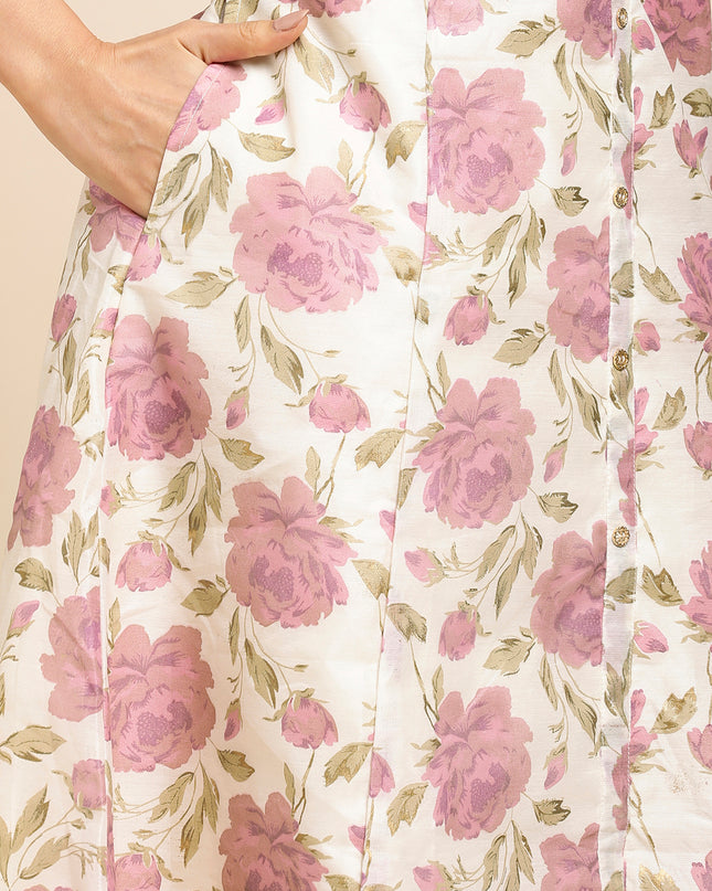 Chanderi Silk Gold Printed Flared Ethnic Wear Kurti for Women