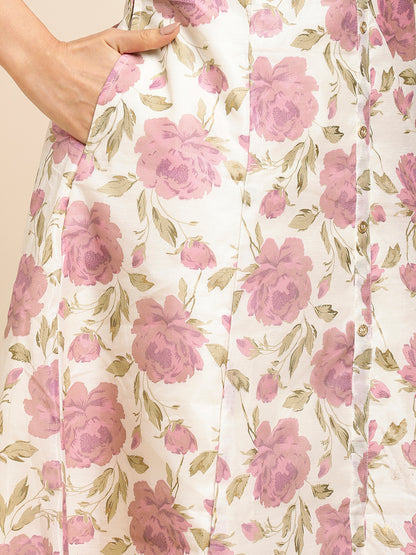 RATAN Chanderi Silk Gold Printed Flared Ethnic Wear Kurti for Women