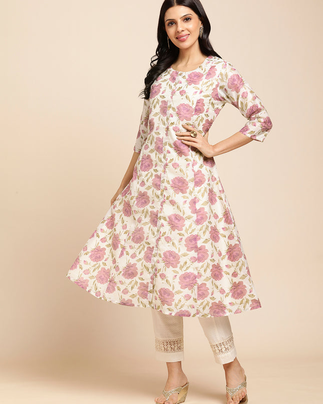 Chanderi Silk Gold Printed Flared Ethnic Wear Kurti for Women