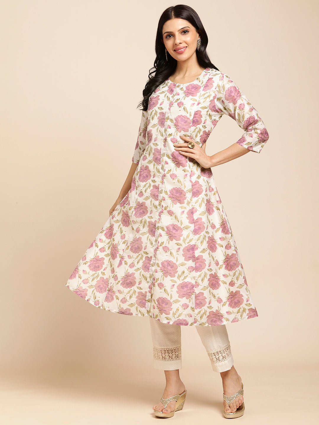 RATAN Chanderi Silk Gold Printed Flared Ethnic Wear Kurti for Women