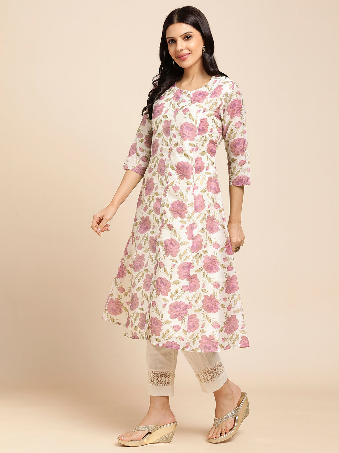 RATAN Chanderi Silk Gold Printed Flared Ethnic Wear Kurti for Women