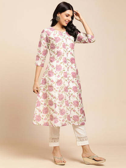 RATAN Chanderi Silk Gold Printed Flared Ethnic Wear Kurti for Women