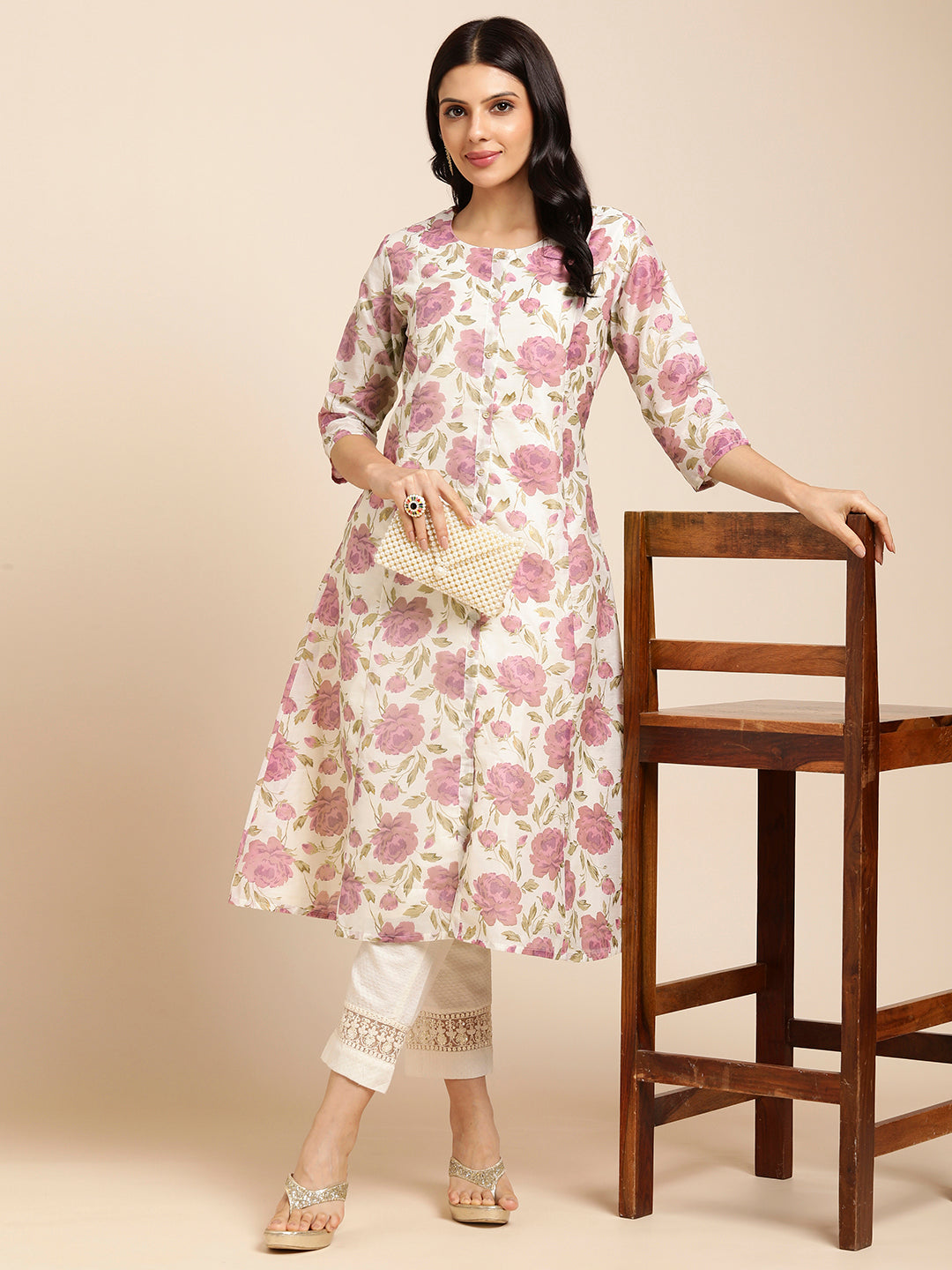 RATAN Chanderi Silk Gold Printed Flared Ethnic Wear Kurti for Women
