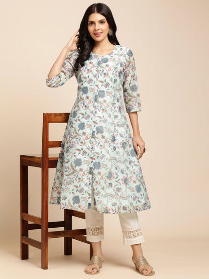 RATAN Chanderi Silk Gold Printed Flared Ethnic Wear Kurti for Women