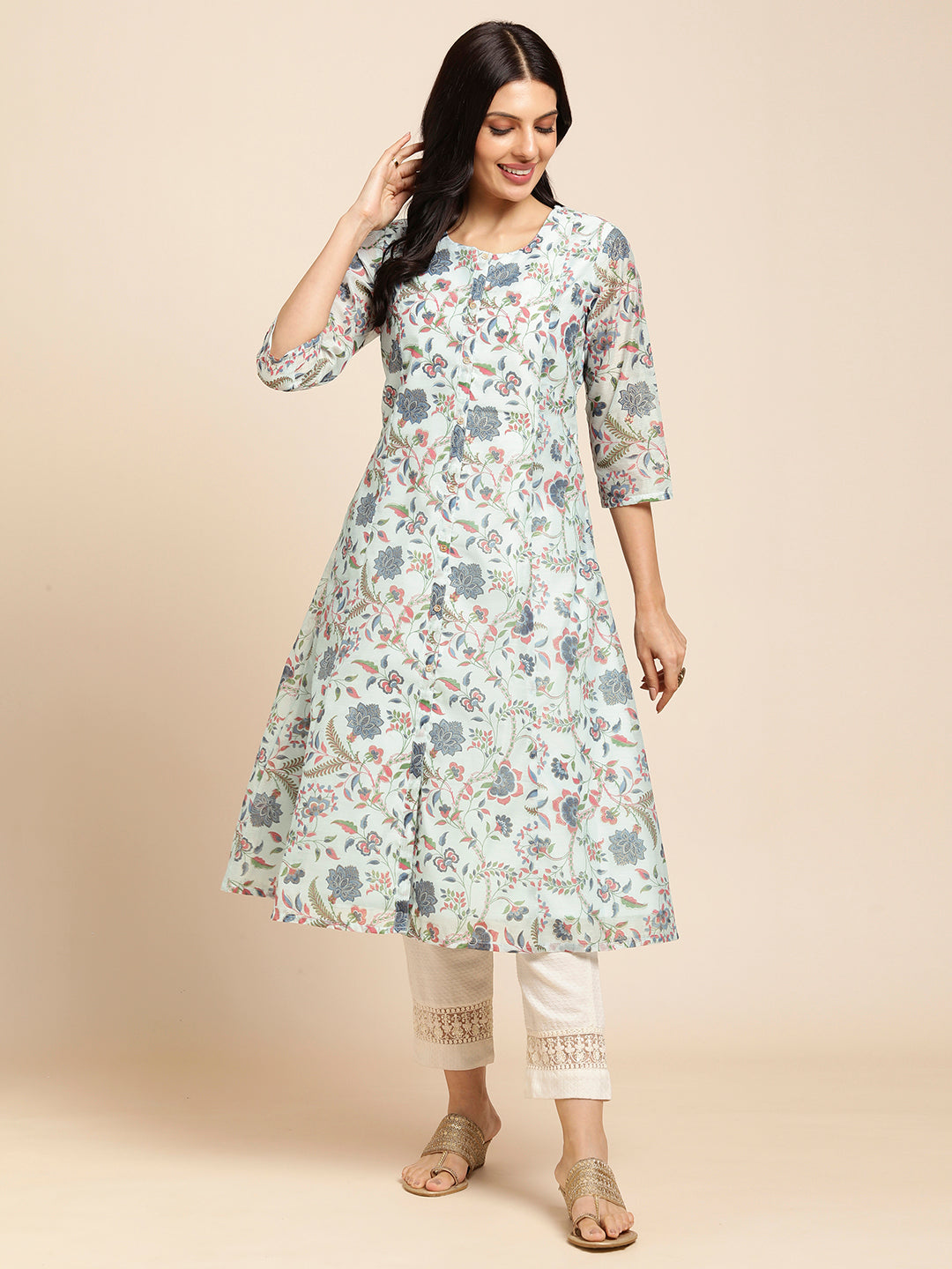 Chanderi Silk Gold Printed Flared Ethnic Wear Kurti for Women