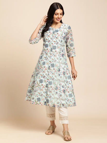 RATAN Chanderi Silk Gold Printed Flared Ethnic Wear Kurti for Women