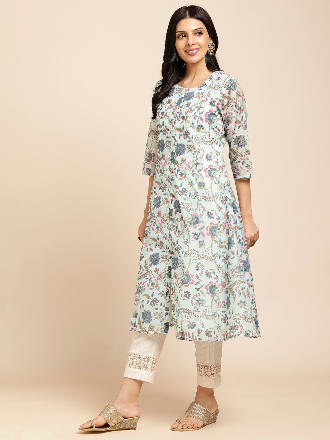 RATAN Chanderi Silk Gold Printed Flared Ethnic Wear Kurti for Women
