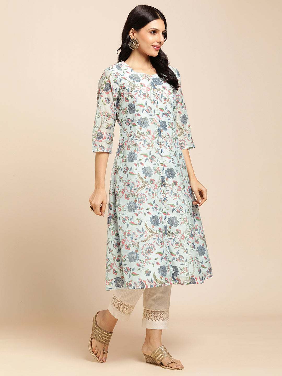 RATAN Chanderi Silk Gold Printed Flared Ethnic Wear Kurti for Women