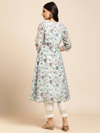 Chanderi Silk Gold Printed Flared Ethnic Wear Kurti for Women