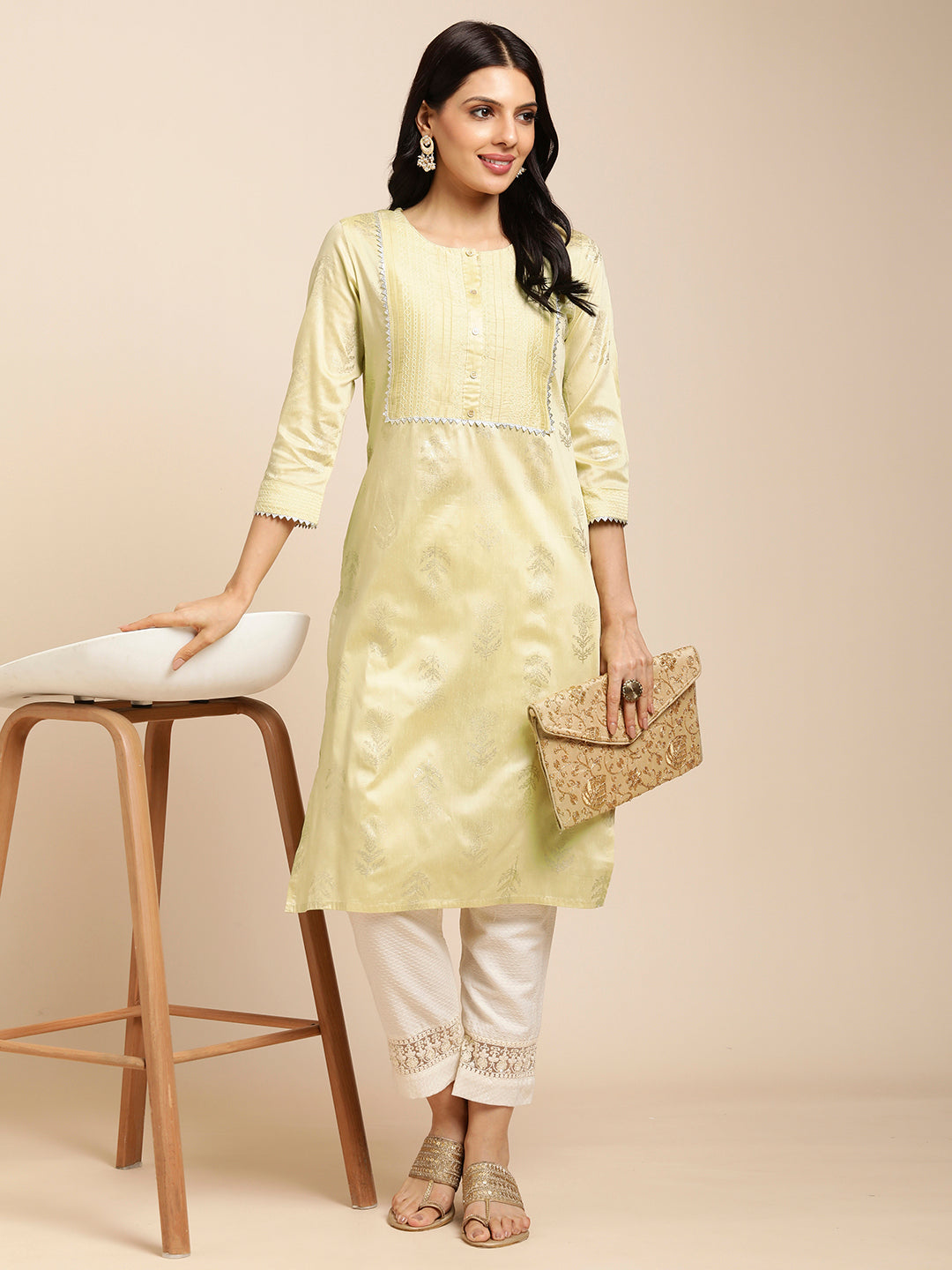 Silk Gold Printed Straight Kurta for Women