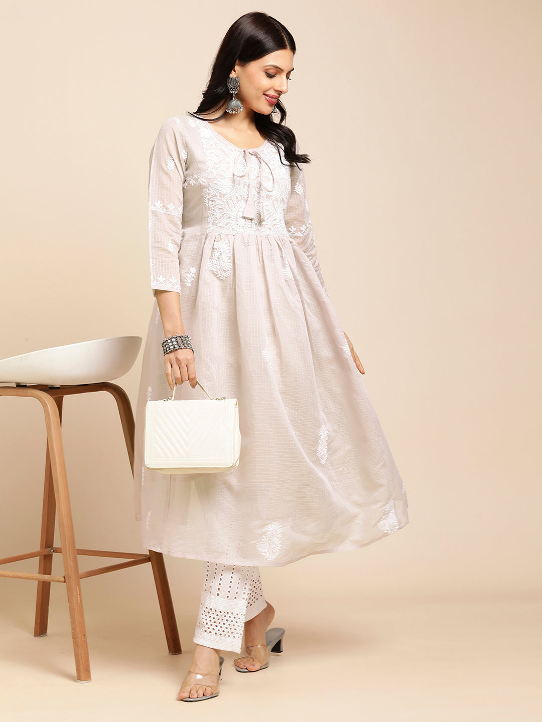 Cotton Flared Lucknowi Chikankari Ethnic Wear Kurta