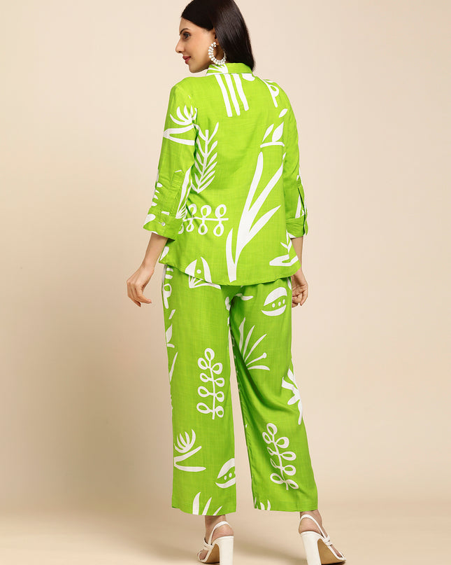 Rayon All Over Floral Printed Night Suit Shirt And Pajama Co-ord Set