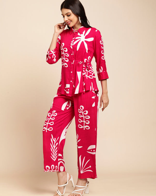 Rayon All Over Floral Printed Night Suit Shirt And Pajama Co-ord Set