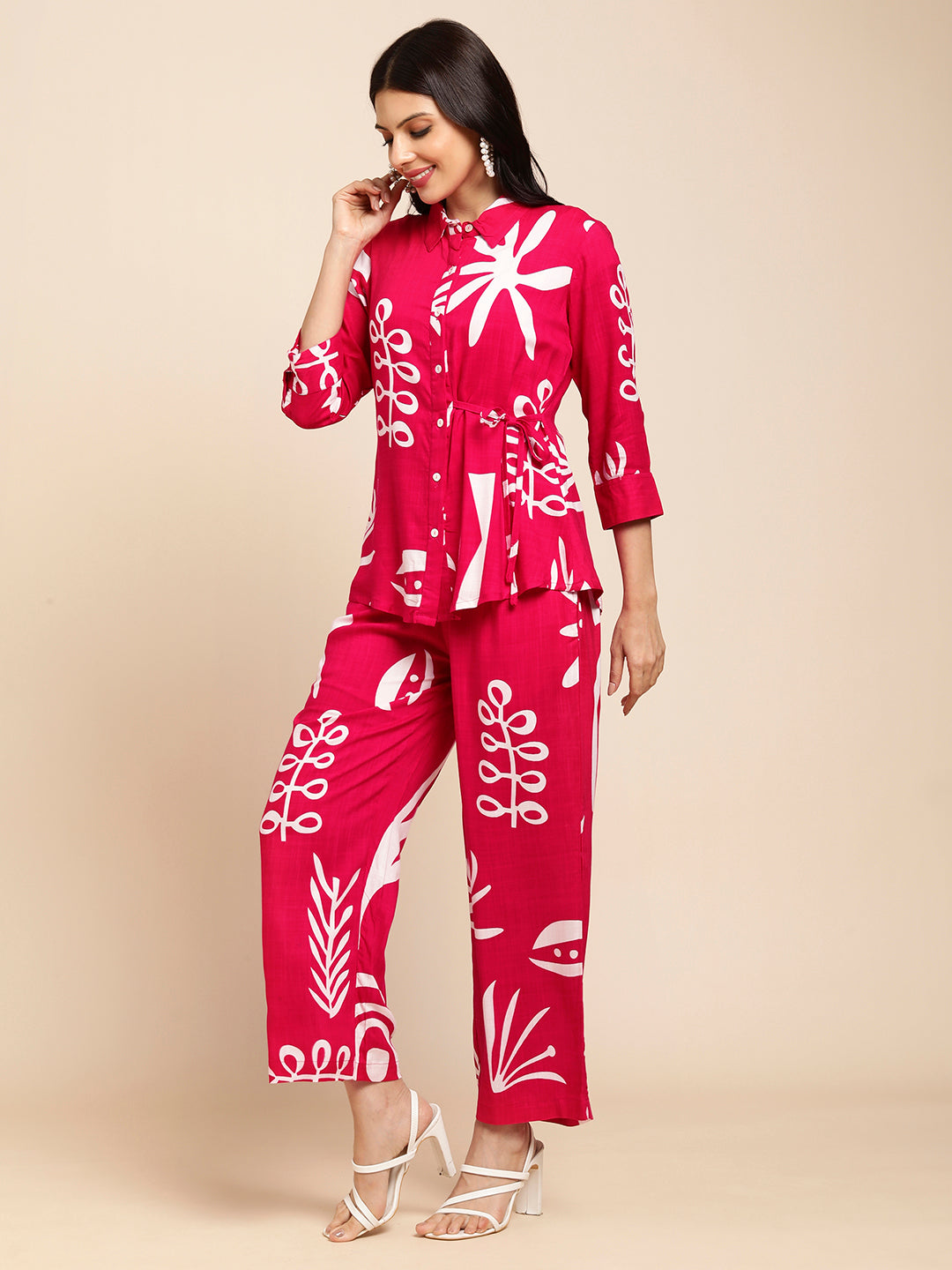 Rayon All Over Floral Printed Night Suit Shirt And Pajama Co-ord Set