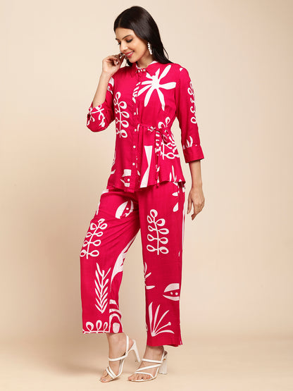 Rayon All Over Floral Printed Night Suit Shirt And Pajama Co-ord Set