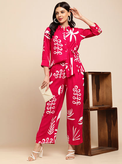 Rayon All Over Floral Printed Night Suit Shirt And Pajama Co-ord Set