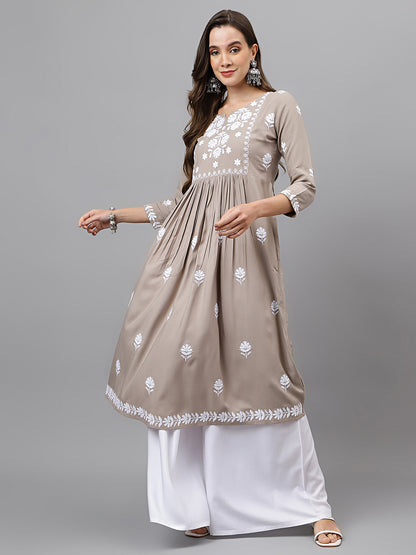 Rayon Anarkali Lucknowi Chikankari Ethnic Wear Kurta