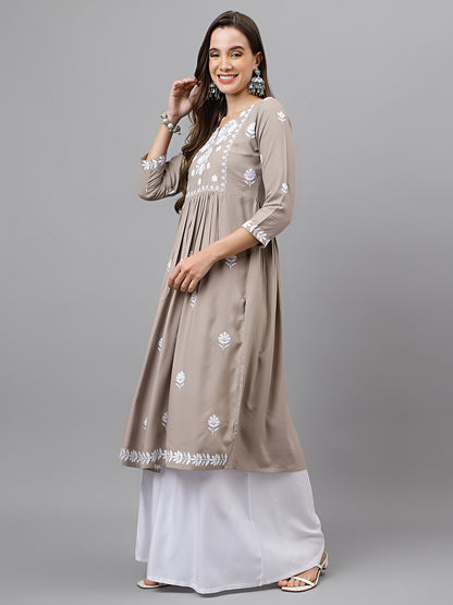 RATAN Women's Rayon Anarkali Lucknowi Chikankari Ethnic Wear Kurta