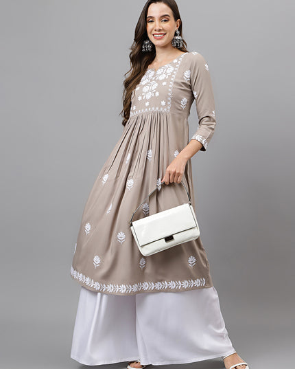Rayon Anarkali Lucknowi Chikankari Ethnic Wear Kurta