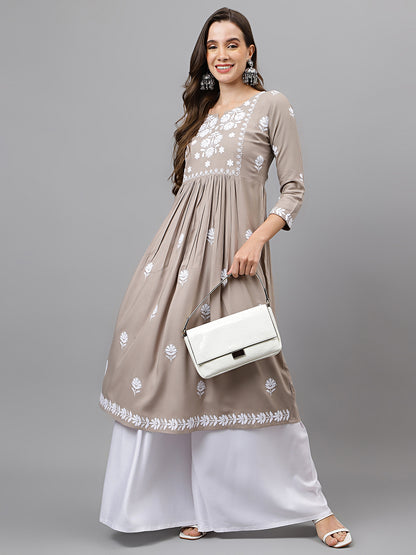 RATAN Women's Rayon Anarkali Lucknowi Chikankari Ethnic Wear Kurta