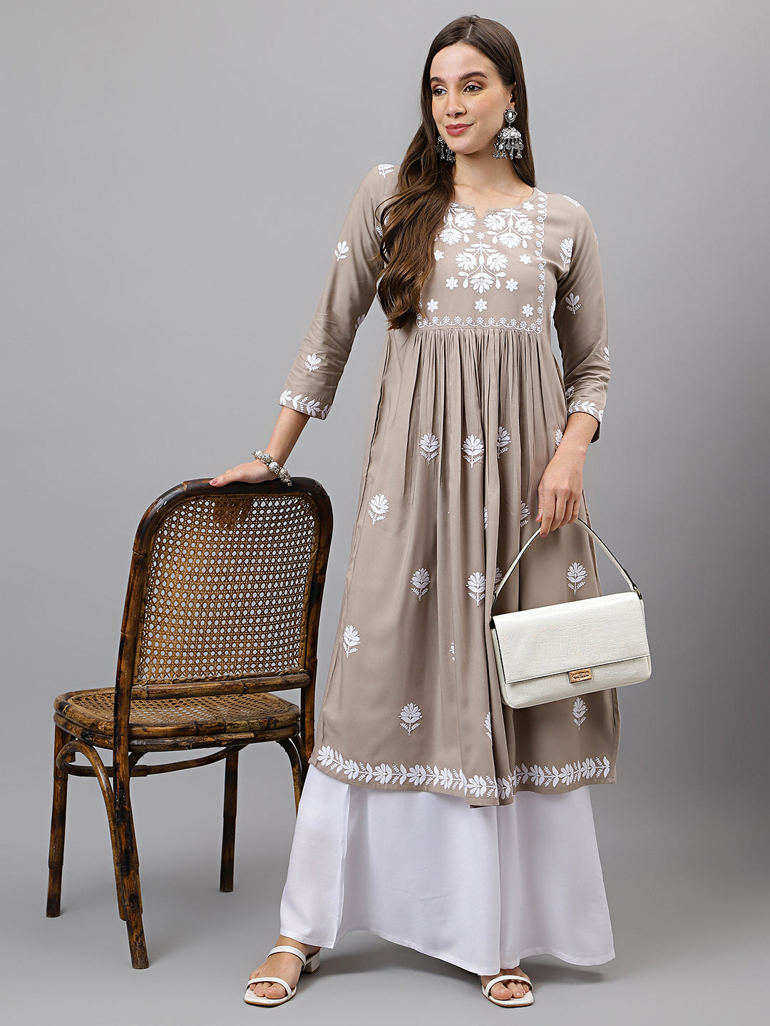 Rayon Anarkali Lucknowi Chikankari Ethnic Wear Kurta