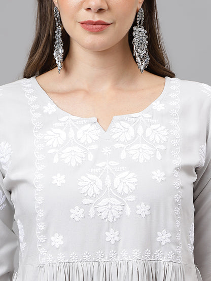 Rayon Anarkali Lucknowi Chikankari Ethnic Wear Kurta