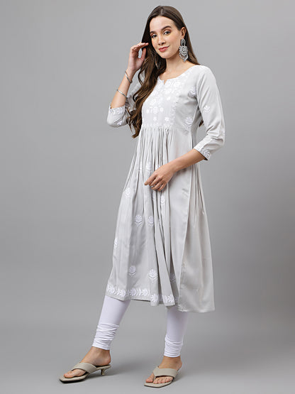 RATAN Women's Rayon Anarkali Lucknowi Chikankari Ethnic Wear Kurta