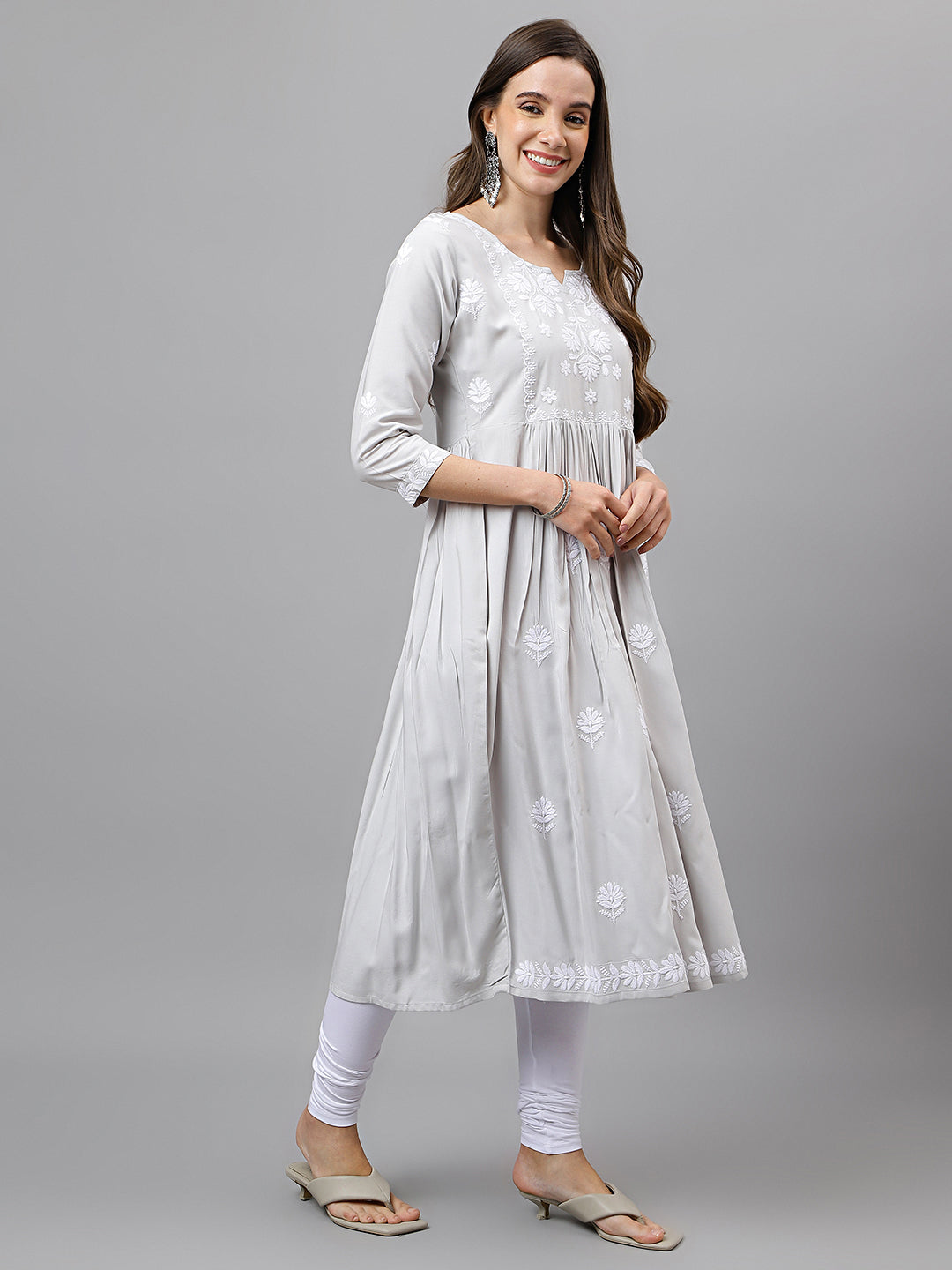 Rayon Anarkali Lucknowi Chikankari Ethnic Wear Kurta