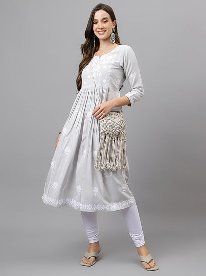 RATAN Women's Rayon Anarkali Lucknowi Chikankari Ethnic Wear Kurta