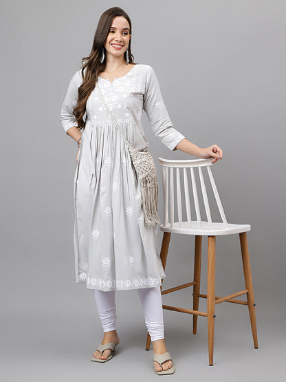 Rayon Anarkali Lucknowi Chikankari Ethnic Wear Kurta