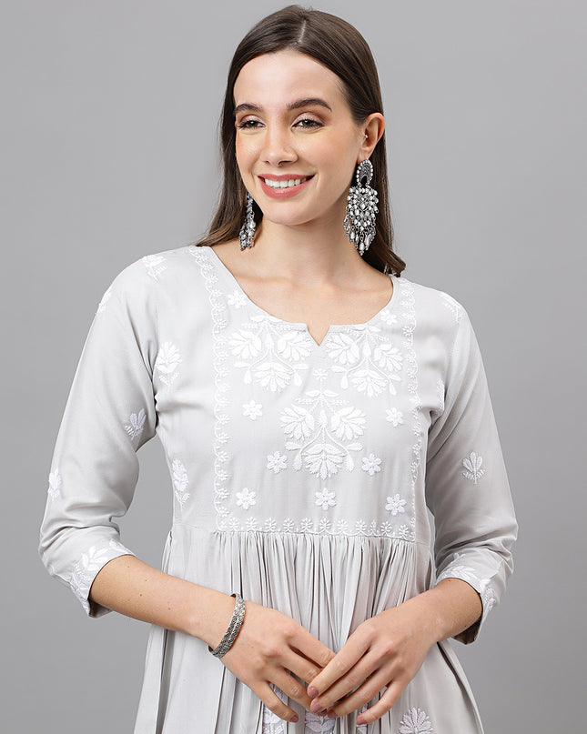 Rayon Anarkali Lucknowi Chikankari Ethnic Wear Kurta