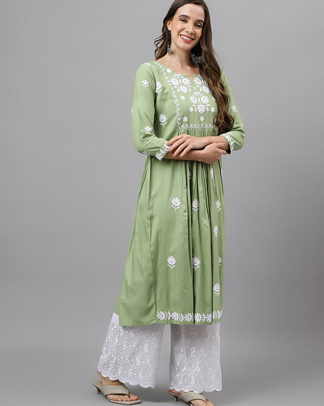 Rayon Anarkali Lucknowi Chikankari Ethnic Wear Kurta