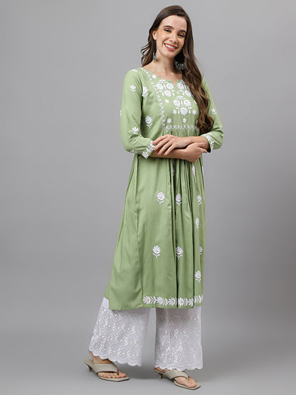 Rayon Anarkali Lucknowi Chikankari Ethnic Wear Kurta