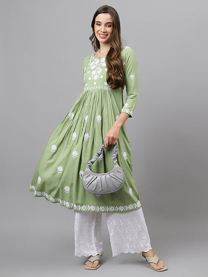 Rayon Anarkali Lucknowi Chikankari Ethnic Wear Kurta