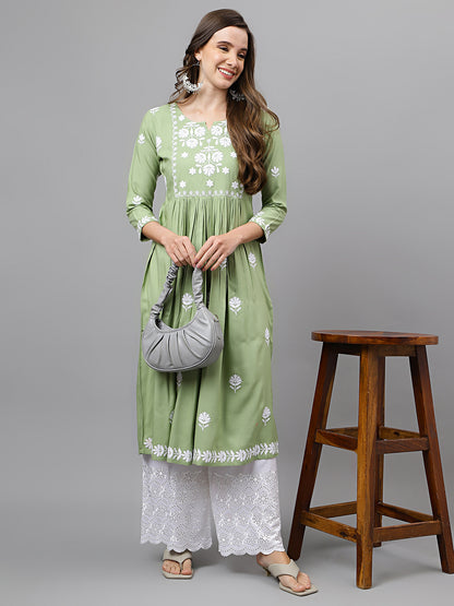 Rayon Anarkali Lucknowi Chikankari Ethnic Wear Kurta