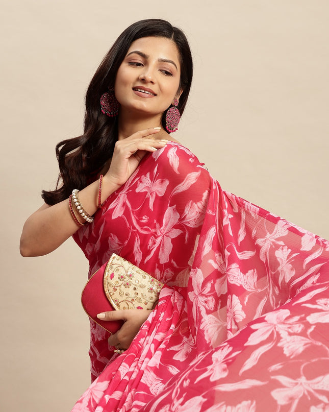Chiffon Floral Printed  Saree with Unstitched Blouse Piece