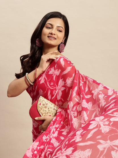 Chiffon Floral Printed  Saree with Unstitched Blouse Piece