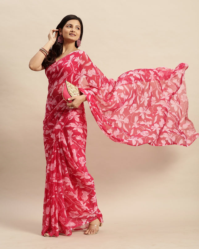 Chiffon Floral Printed  Saree with Unstitched Blouse Piece