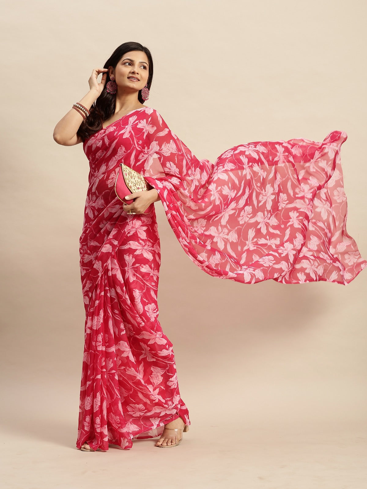 Chiffon Floral Printed  Saree with Unstitched Blouse Piece