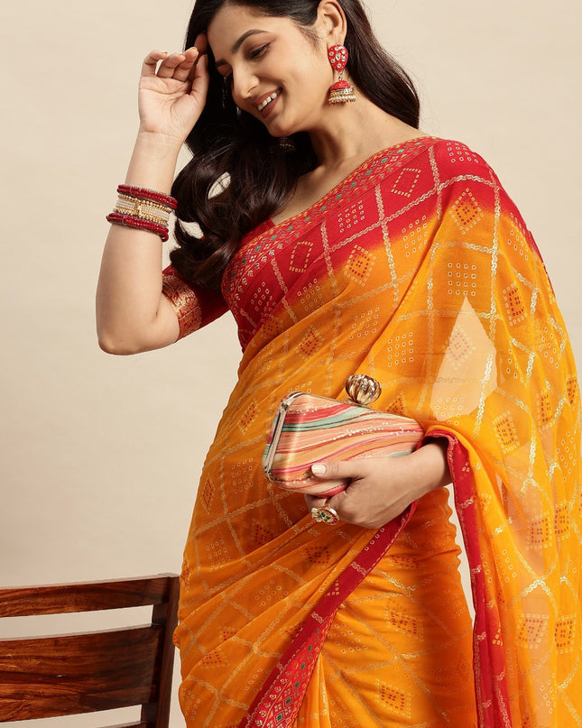 Chiffon Bandhani Printed Saree without Blouse Piece