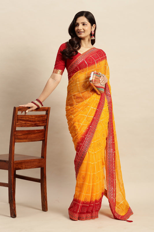 Chiffon Bandhani Printed Saree without Blouse Piece
