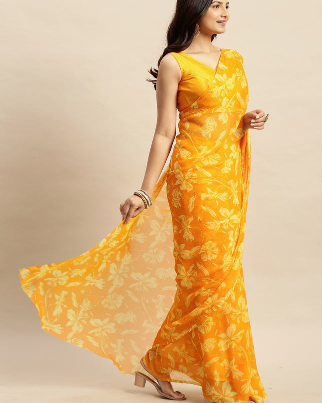 Chiffon Floral Printed  Saree with Unstitched Blouse Piece