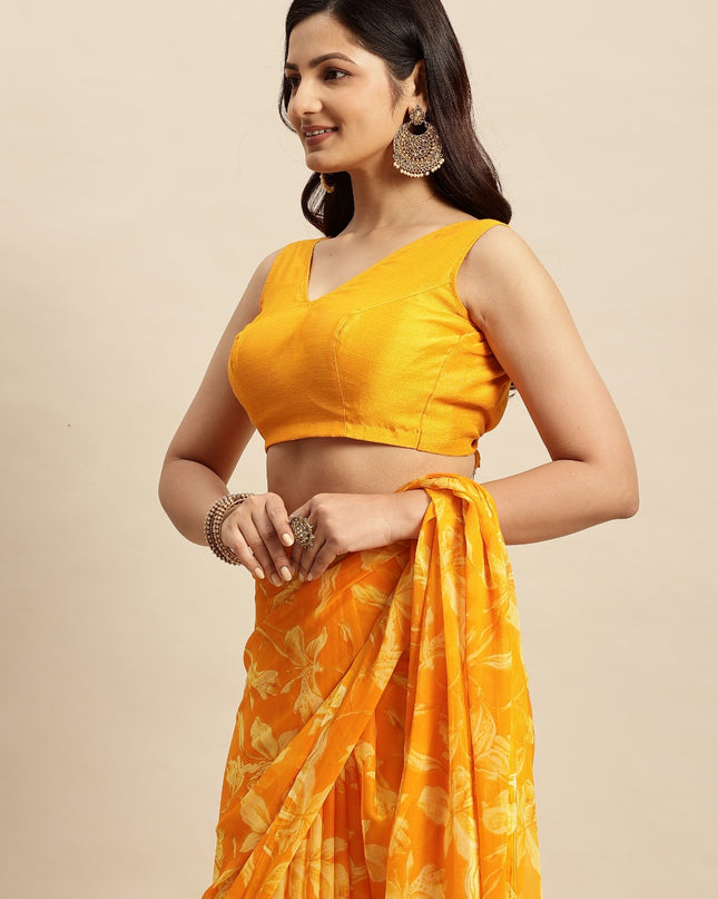 Chiffon Floral Printed  Saree with Unstitched Blouse Piece