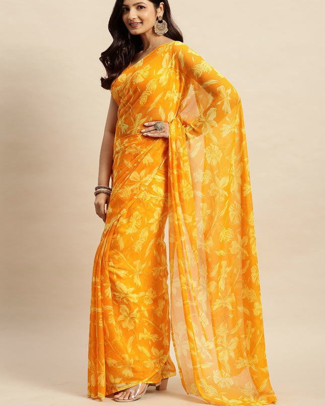 Chiffon Floral Printed  Saree with Unstitched Blouse Piece