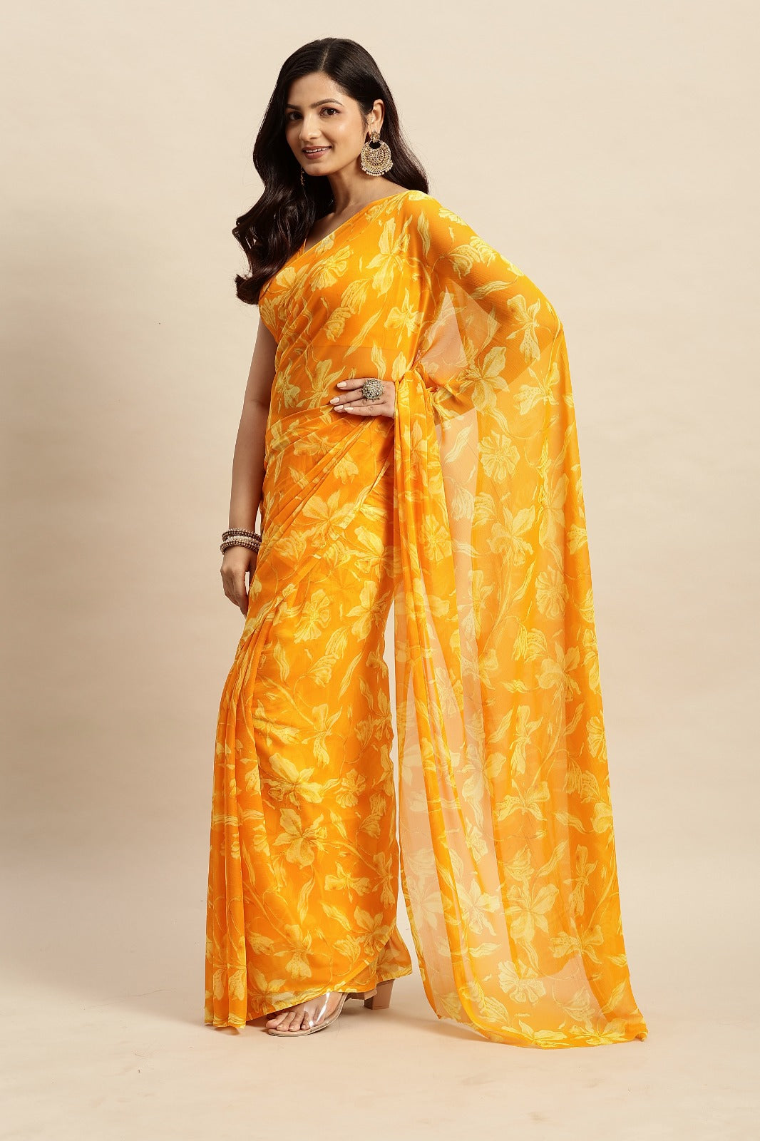 Chiffon Floral Printed  Saree with Unstitched Blouse Piece