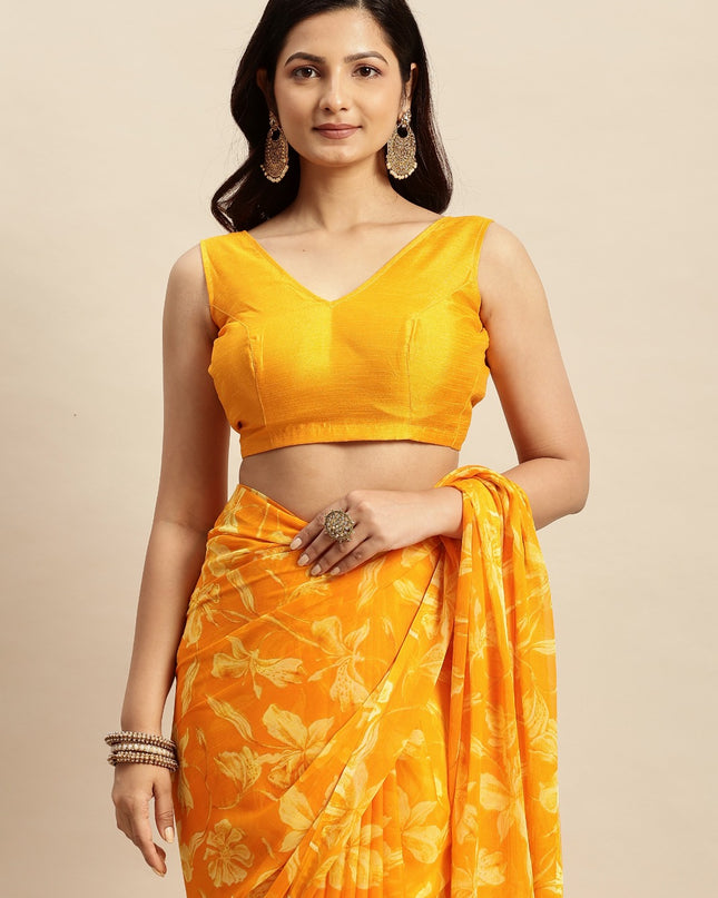 Chiffon Floral Printed  Saree with Unstitched Blouse Piece