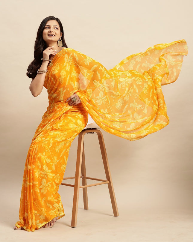 Chiffon Floral Printed  Saree with Unstitched Blouse Piece